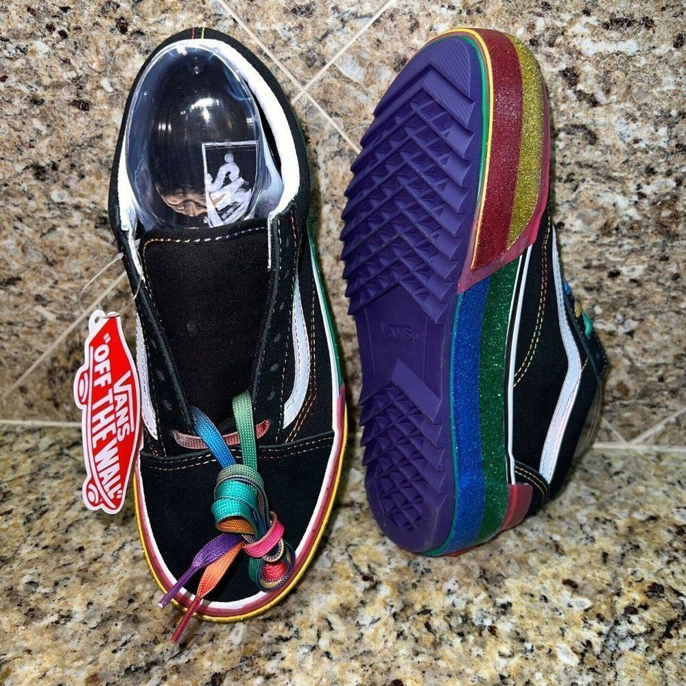PRIDE VANS Old Skool Stacked Glitter Black Rainbow Sneakers VN0A4U15WW1 - Picture 7 of 8